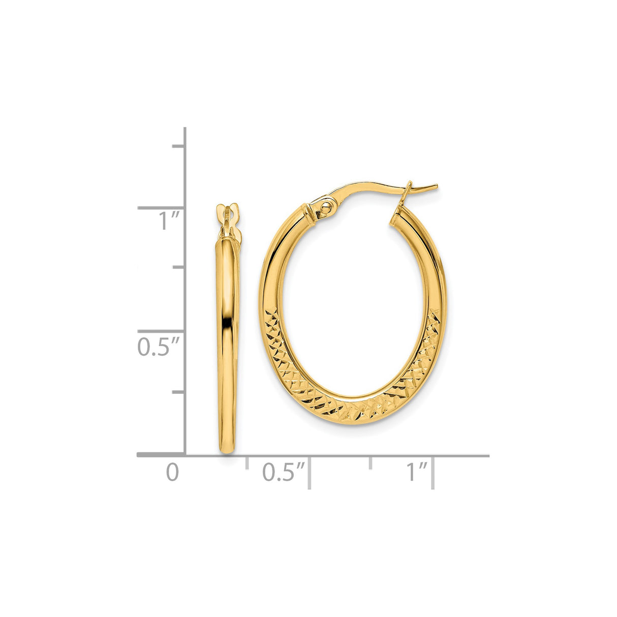 14k Yellow Gold Oval Hoop Earrings with Diamond Cut Textured Design, Latch-Back Closure