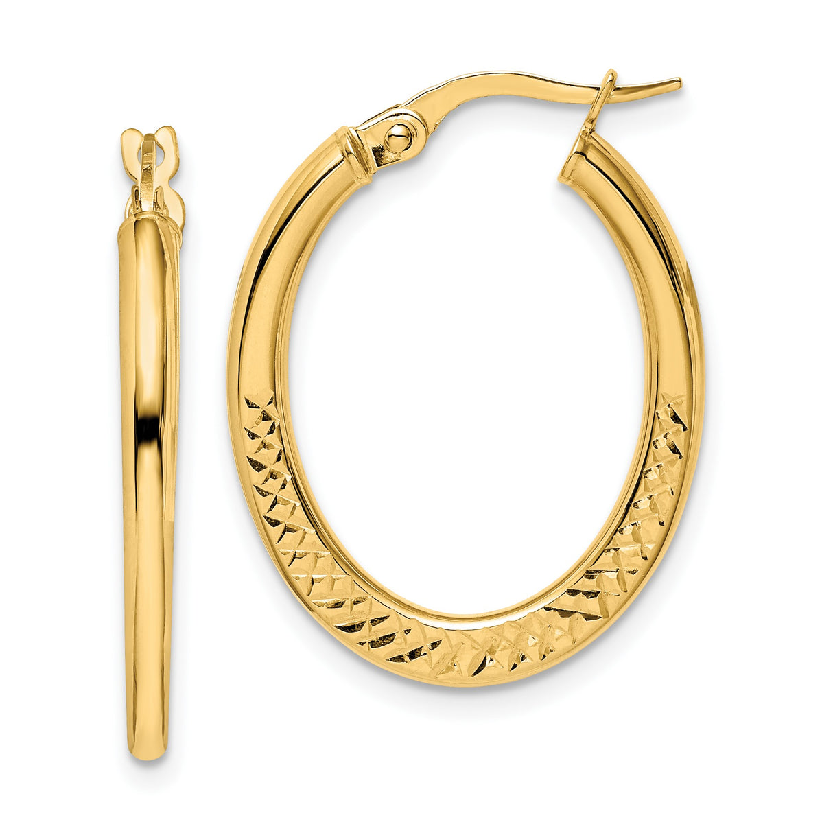 14k Yellow Gold Oval Hoop Earrings with Diamond Cut Textured Design, Latch-Back Closure