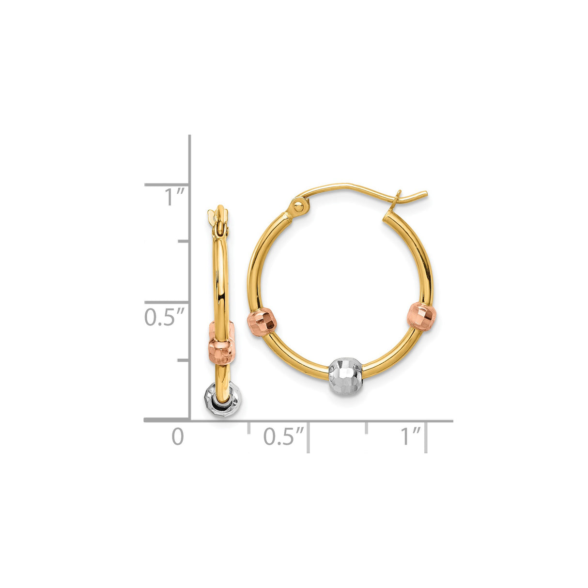 14k Tri Color Gold Hoop Earrings with Faceted Beads, Textured Classic Design for Women
