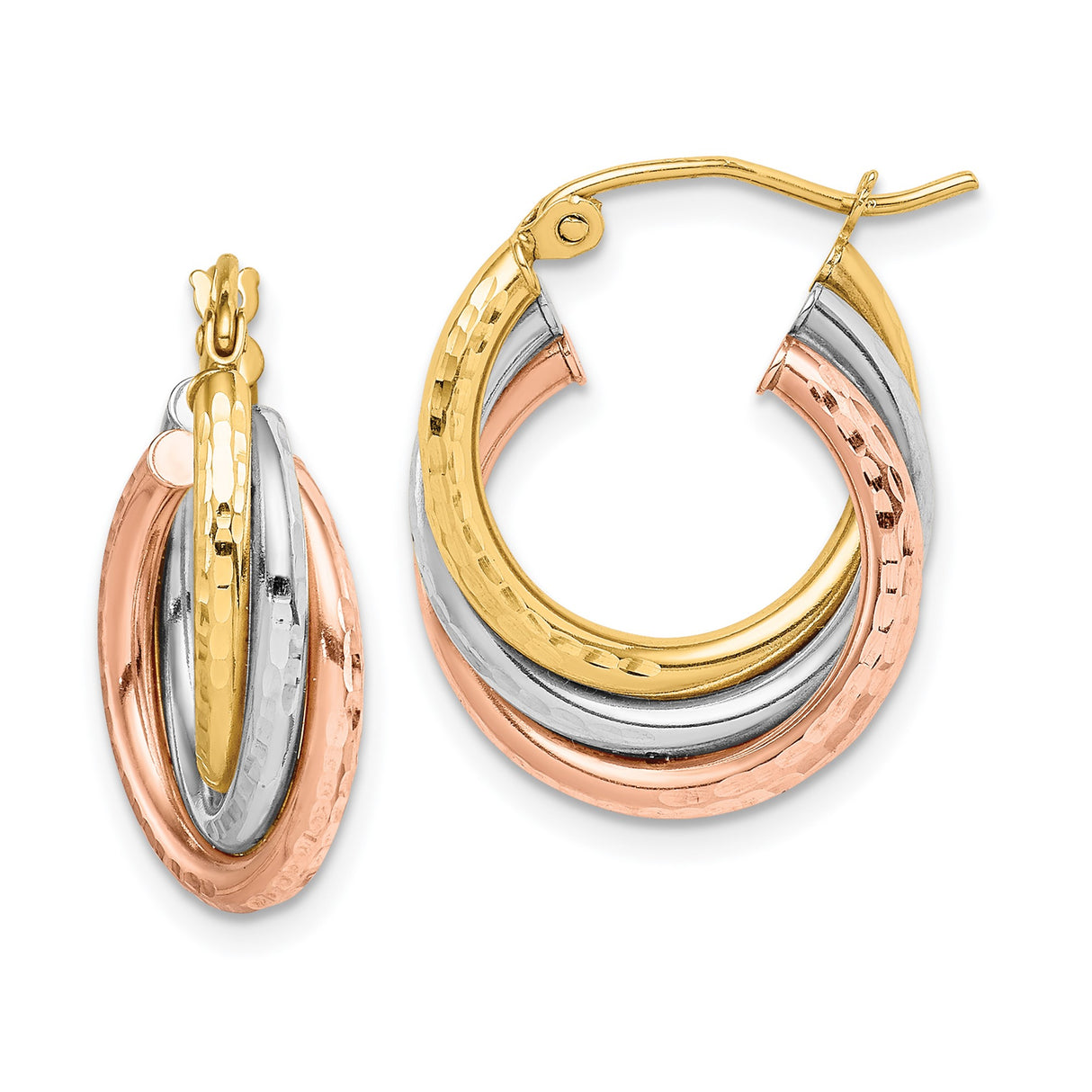 14k Yellow Gold Hoop Earrings with Intertwined Tri Color Hammered Bands