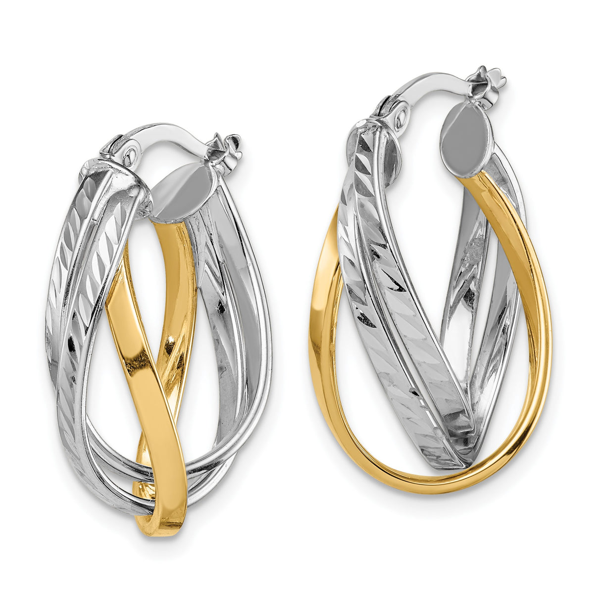 14k Yellow Gold Two-Tone Twisted Hoop Earrings with Diamond-Cut Finish