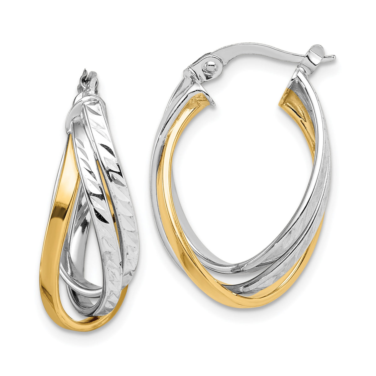 14k Yellow Gold Two-Tone Twisted Hoop Earrings with Diamond-Cut Finish