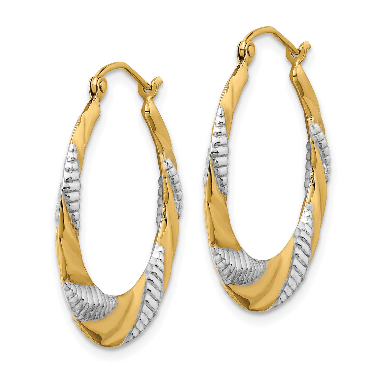 14k Yellow Gold and White Gold Twisted Diamond Cut Hoop Earrings, Polished Textured Design for Women