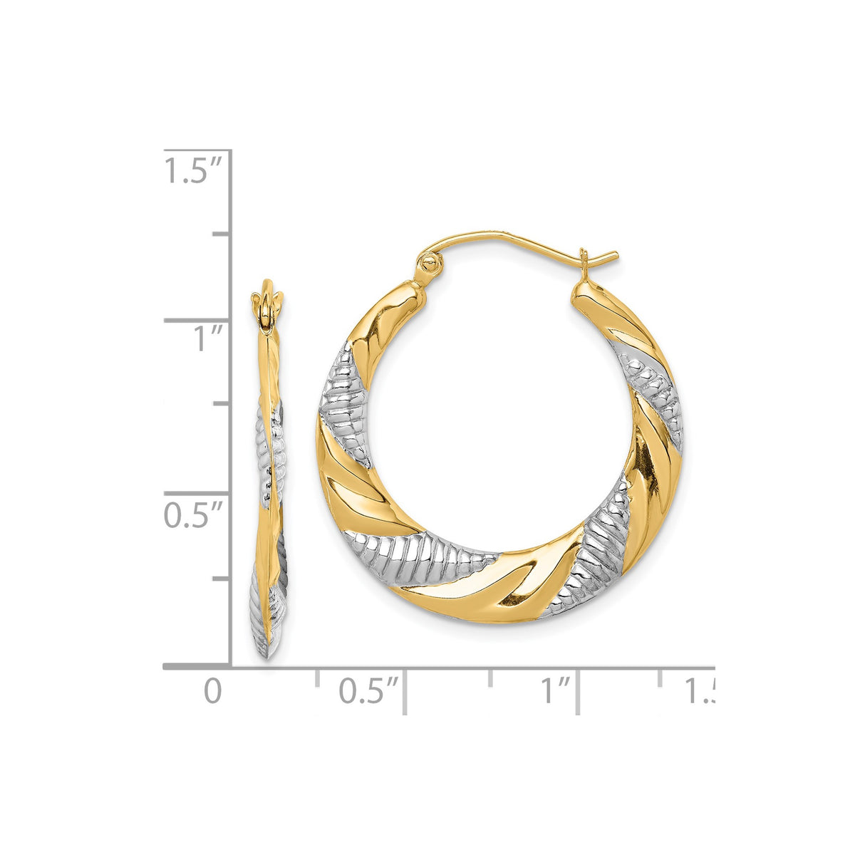 14k Yellow Gold and White Gold Twisted Diamond Cut Hoop Earrings, Polished Textured Design for Women