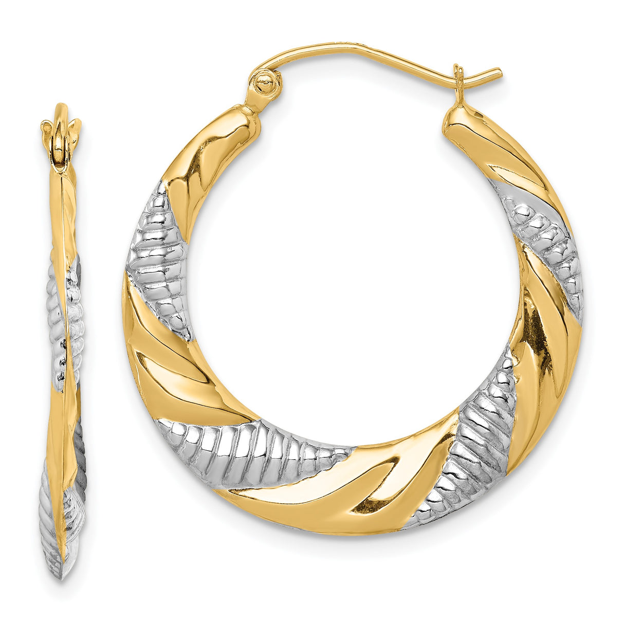 14k Yellow Gold and White Gold Twisted Diamond Cut Hoop Earrings, Polished Textured Design for Women