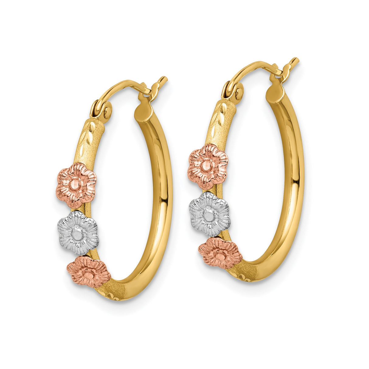 14k Tri-Color Gold Hoop Earrings with Rose, White, and Yellow Gold Floral Design