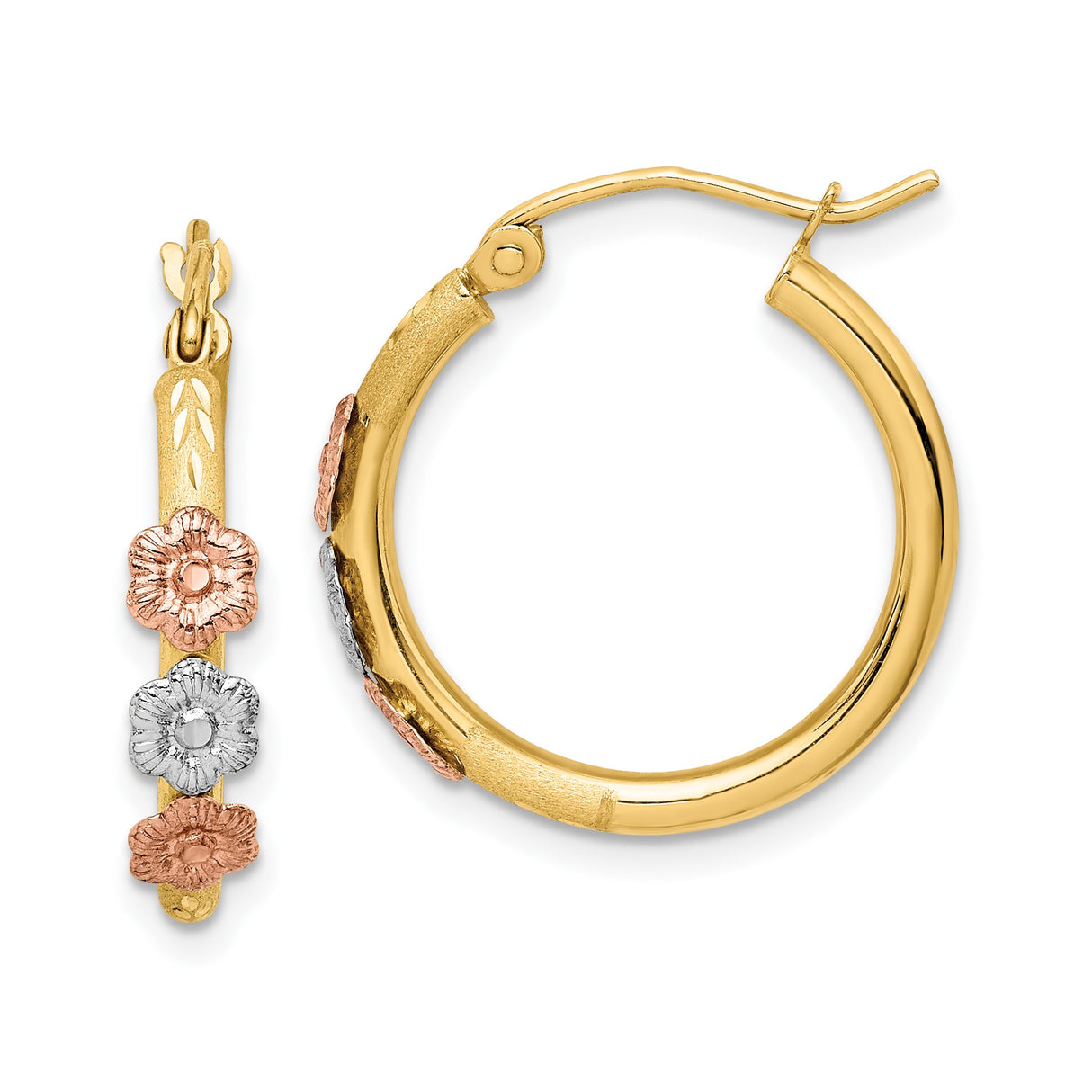 14k Tri-Color Gold Hoop Earrings with Rose, White, and Yellow Gold Floral Design