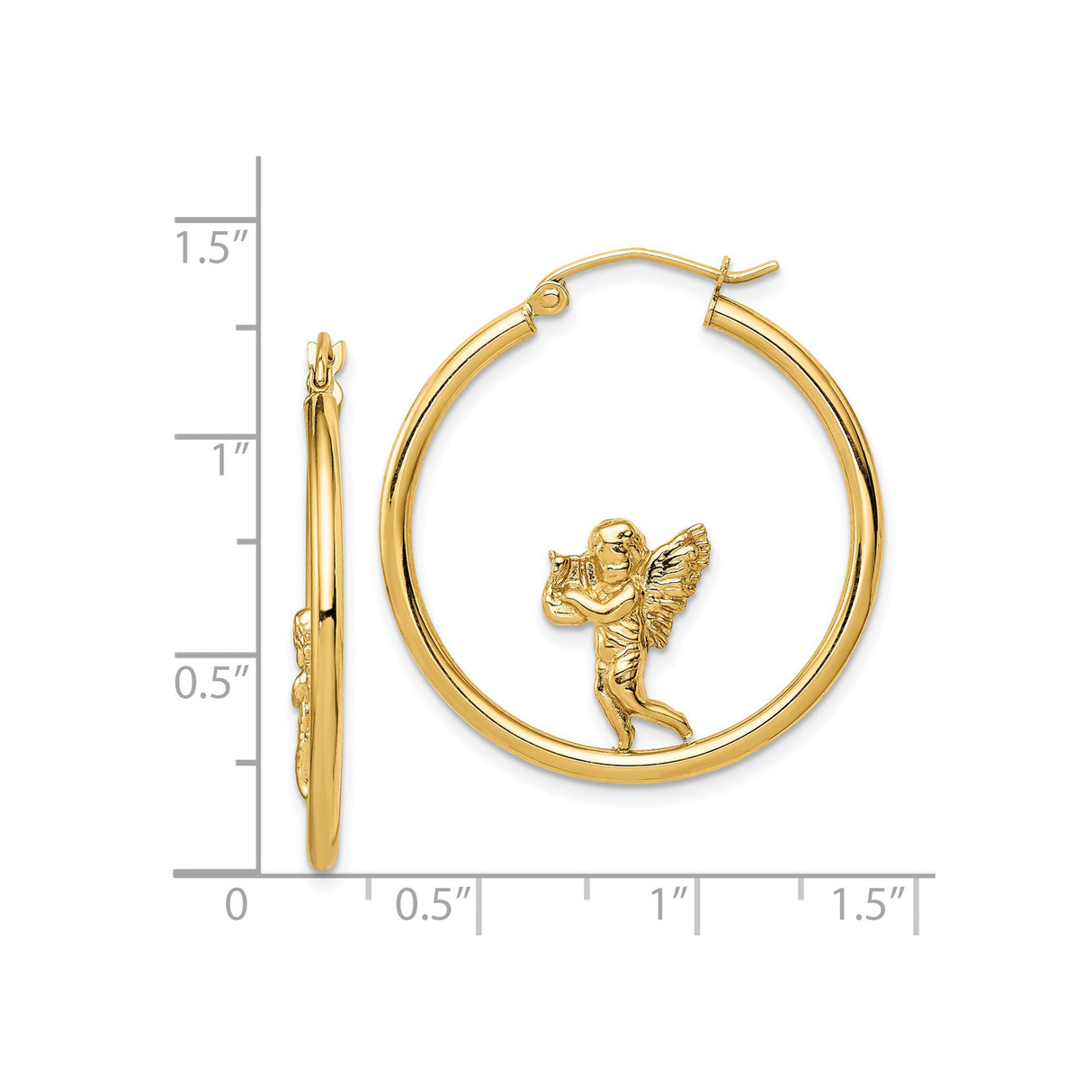 14k Yellow Gold Hoop Earrings with Angel Playing Harp and Detailed Wings, Christian Jewelry