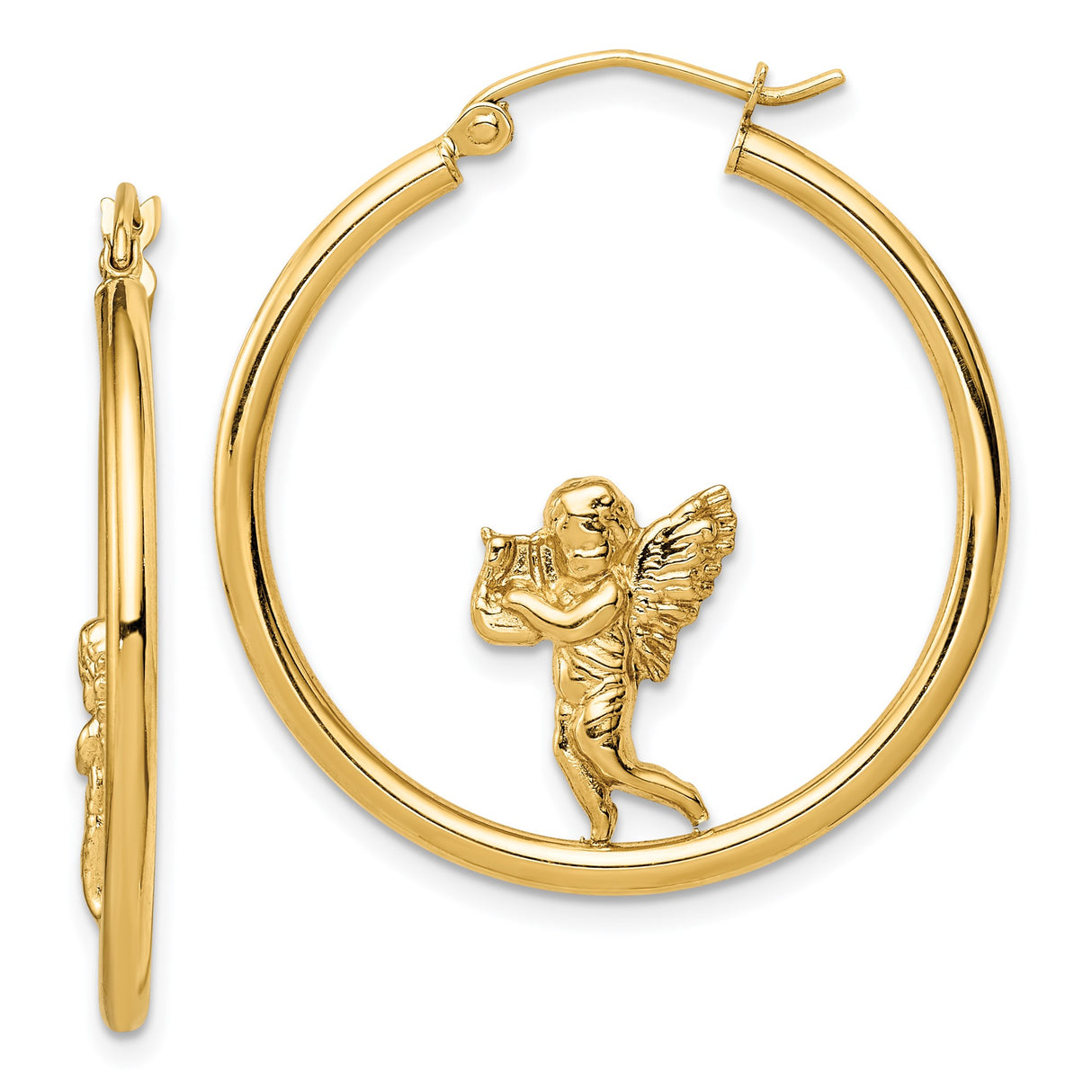 14k Yellow Gold Hoop Earrings with Angel Playing Harp and Detailed Wings, Christian Jewelry
