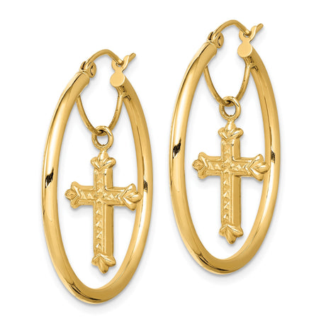 14k Yellow Gold Hoop Earrings with Crucifix Charms, Religious Christian Dangle Style for Women