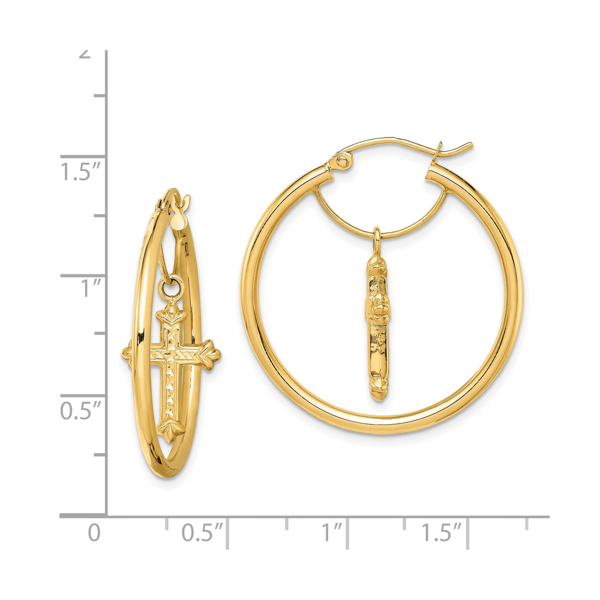 14k Yellow Gold Hoop Earrings with Crucifix Charms, Religious Christian Dangle Style for Women