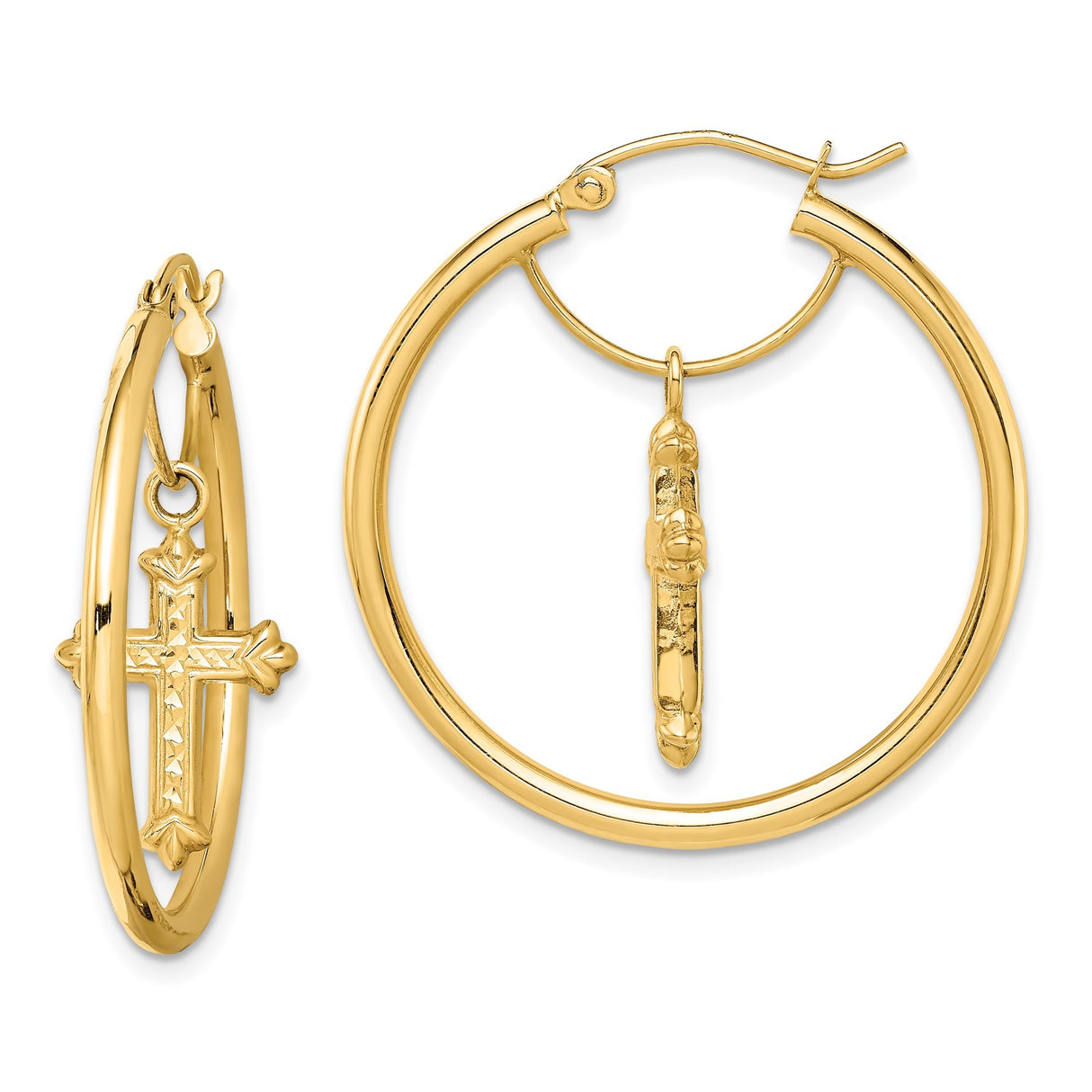 14k Yellow Gold Hoop Earrings with Crucifix Charms, Religious Christian Dangle Style for Women