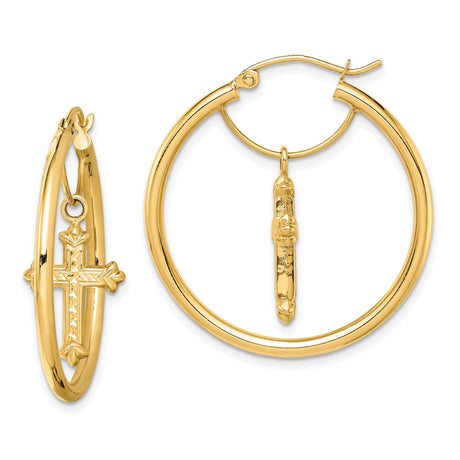 14k Yellow Gold Hoop Earrings with Crucifix Charms, Religious Christian Dangle Style for Women