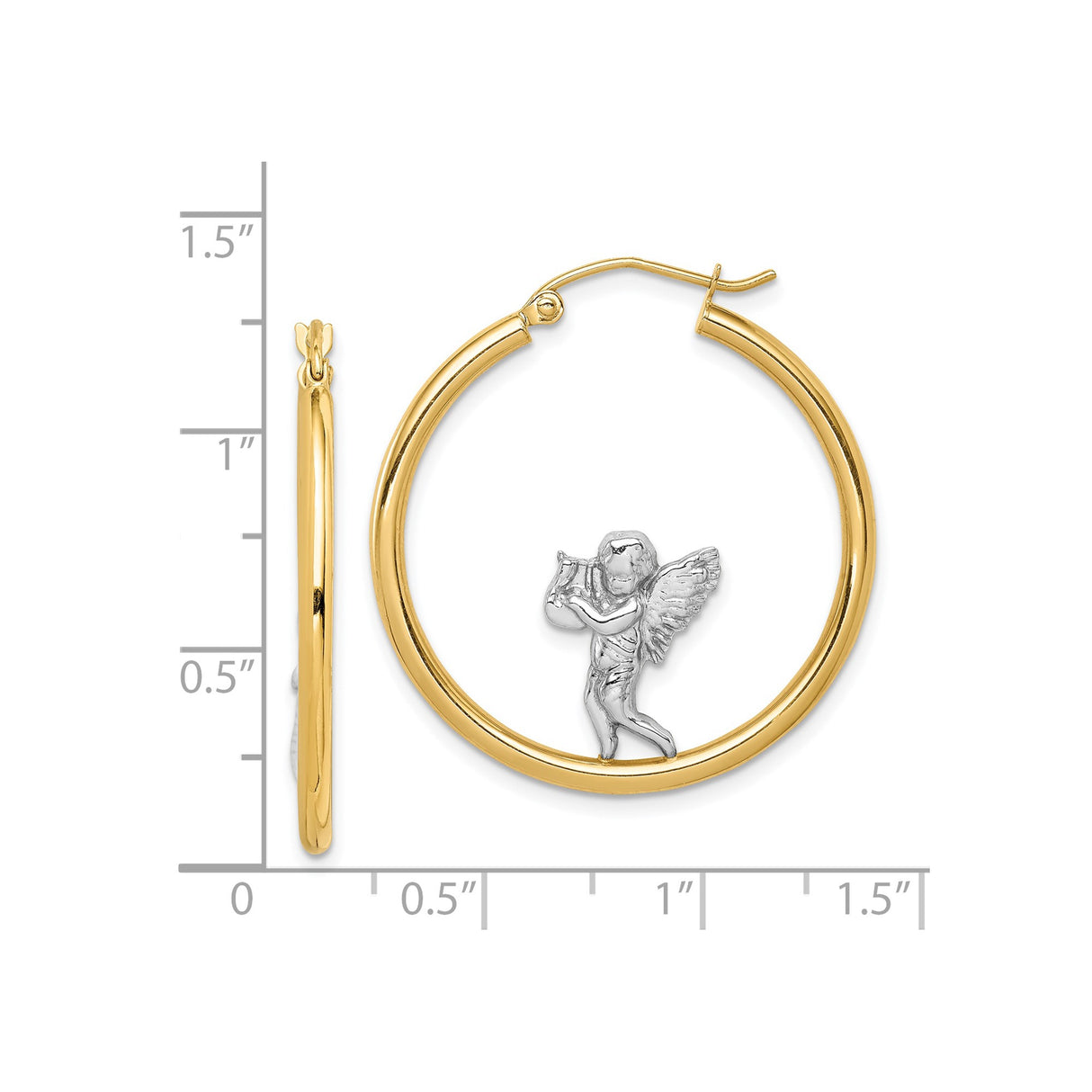14k Yellow Gold Hoop Earrings with Angel Playing Harp Design, Christian Jewelry for Women