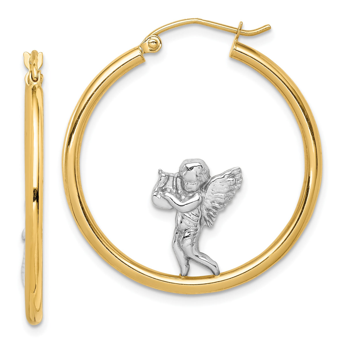 14k Yellow Gold Hoop Earrings with Angel Playing Harp Design, Christian Jewelry for Women