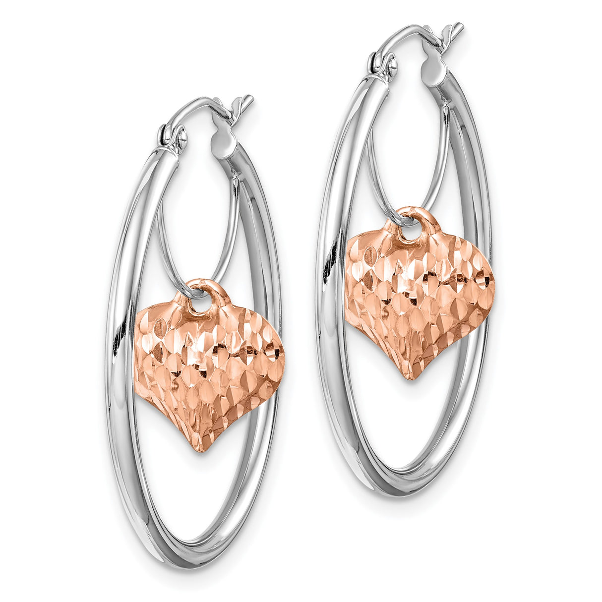 14k Two-Tone Gold Hoop Earrings with White Gold Hoops and Rose Gold Heart and Leaf Charms