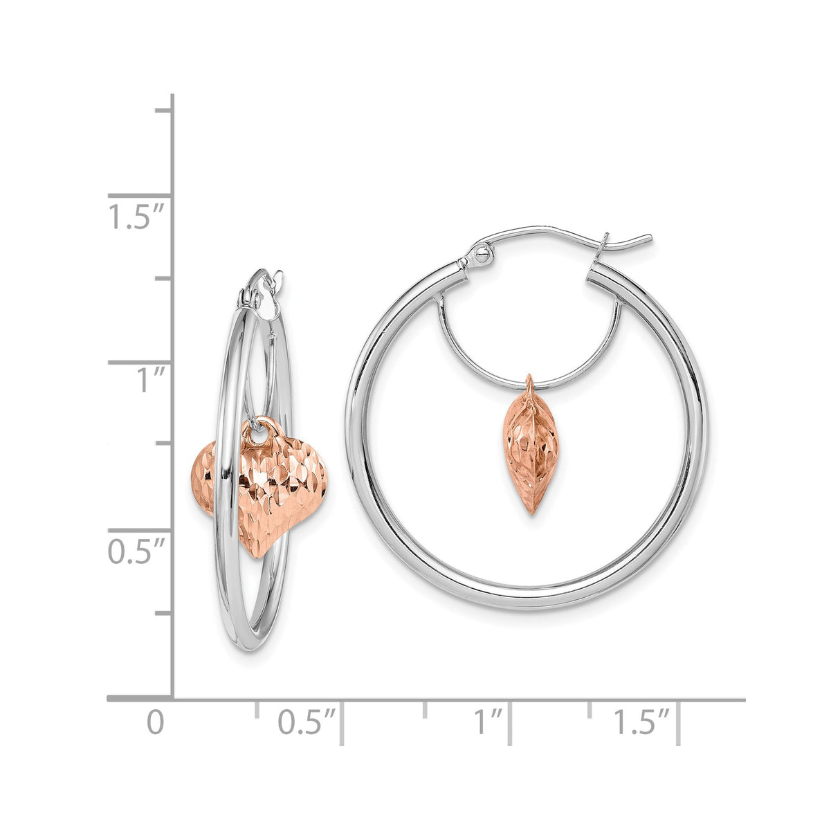 14k Two-Tone Gold Hoop Earrings with White Gold Hoops and Rose Gold Heart and Leaf Charms