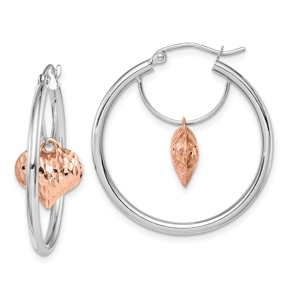 14k Two-Tone Gold Hoop Earrings with White Gold Hoops and Rose Gold Heart and Leaf Charms