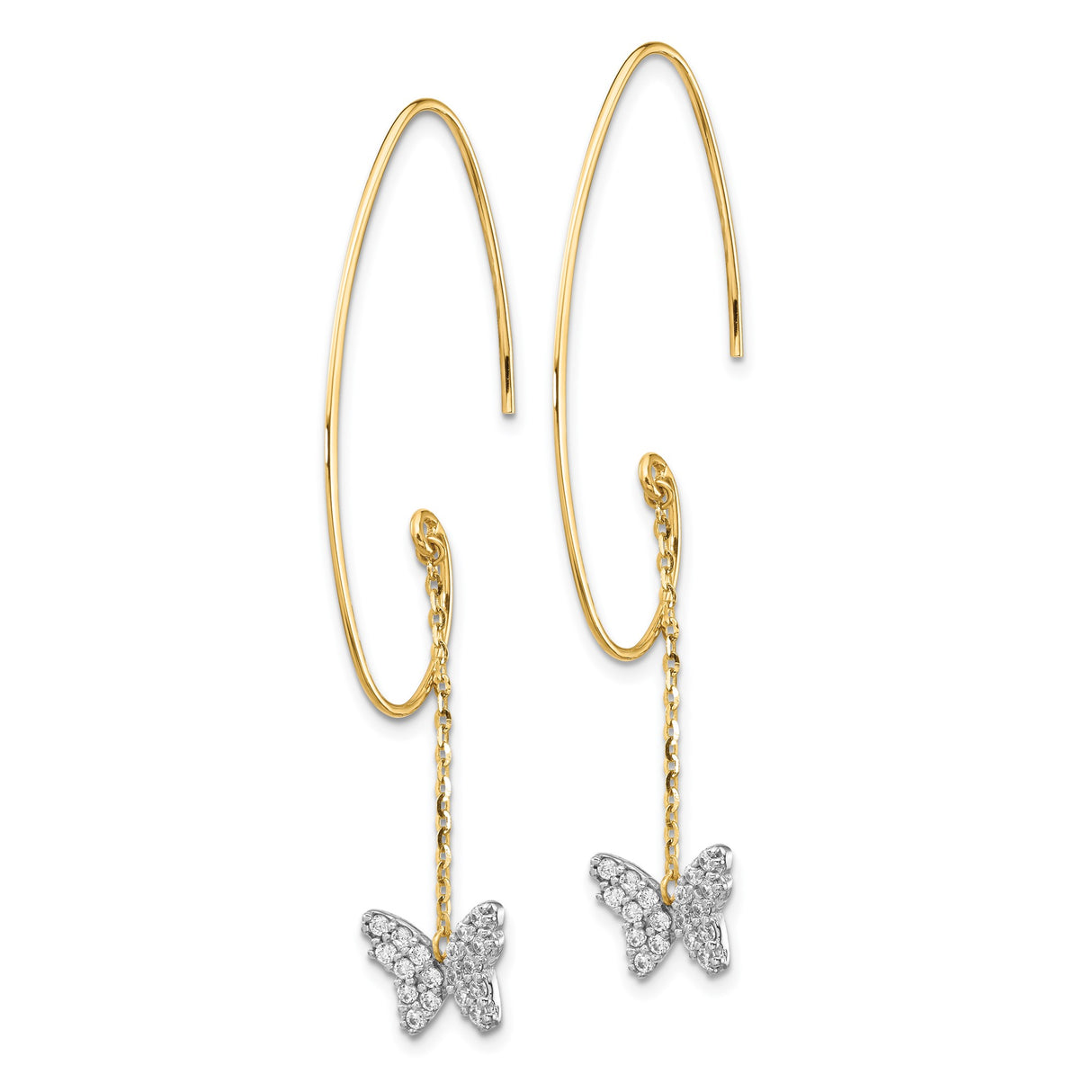 14k Yellow Gold Threader Earrings with Cubic Zirconia, Two-Tone Butterfly Charm Design