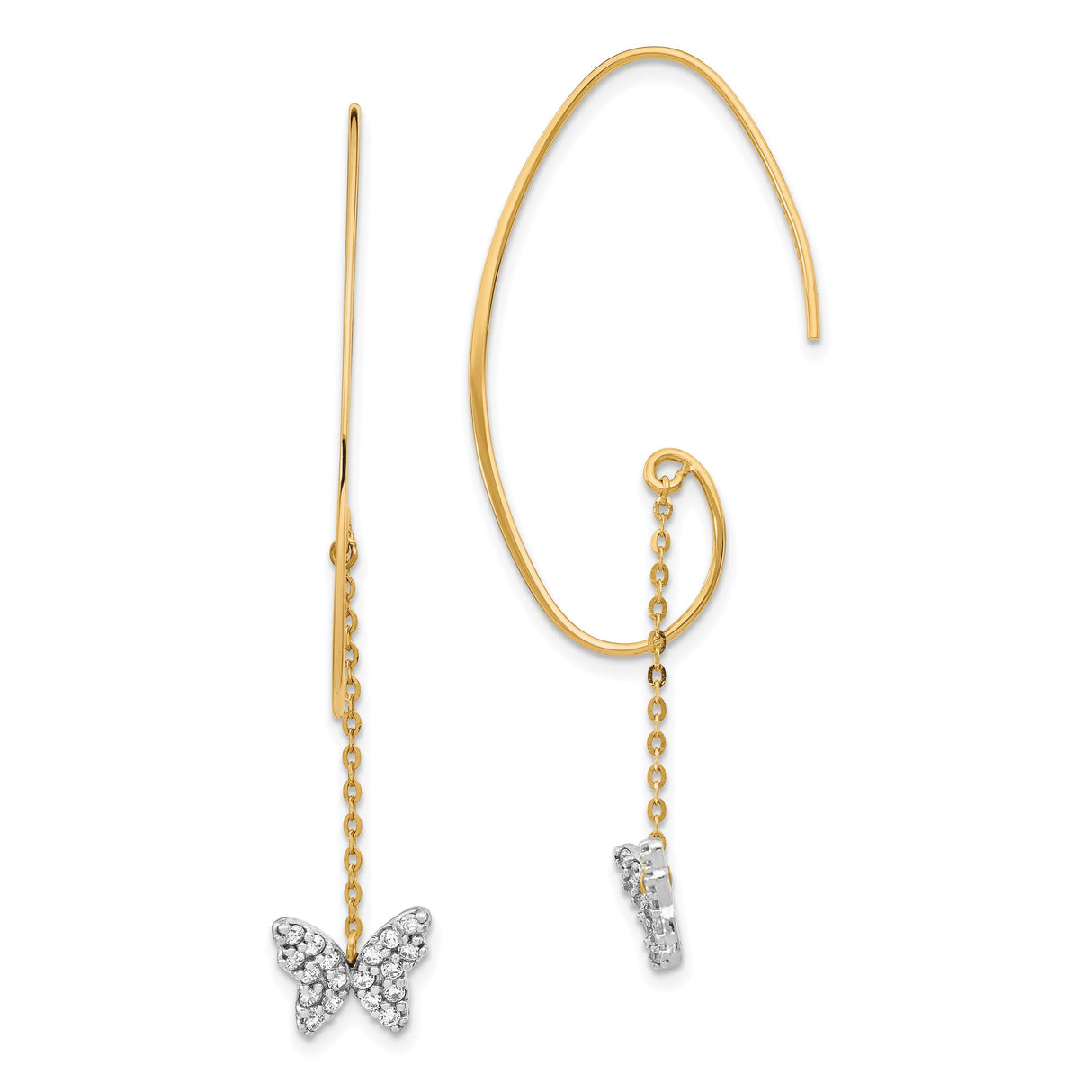 14k Yellow Gold Threader Earrings with Cubic Zirconia, Two-Tone Butterfly Charm Design