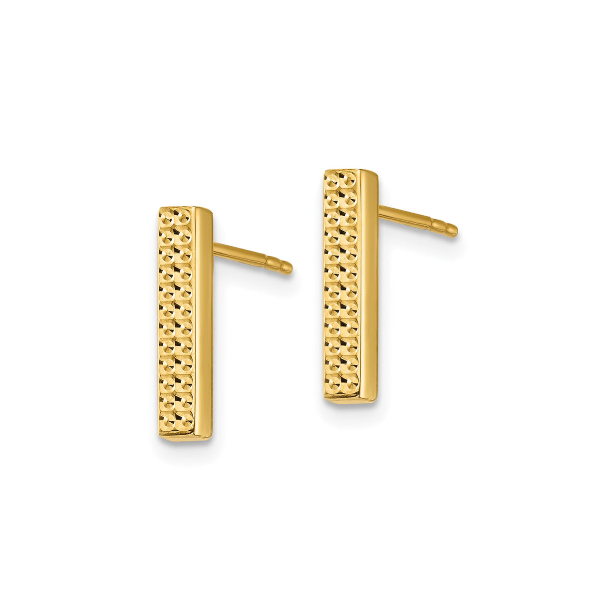 14k Yellow Gold Bar Stud Earrings, Textured Front, Minimalist Rectangle Design, Unisex Jewelry