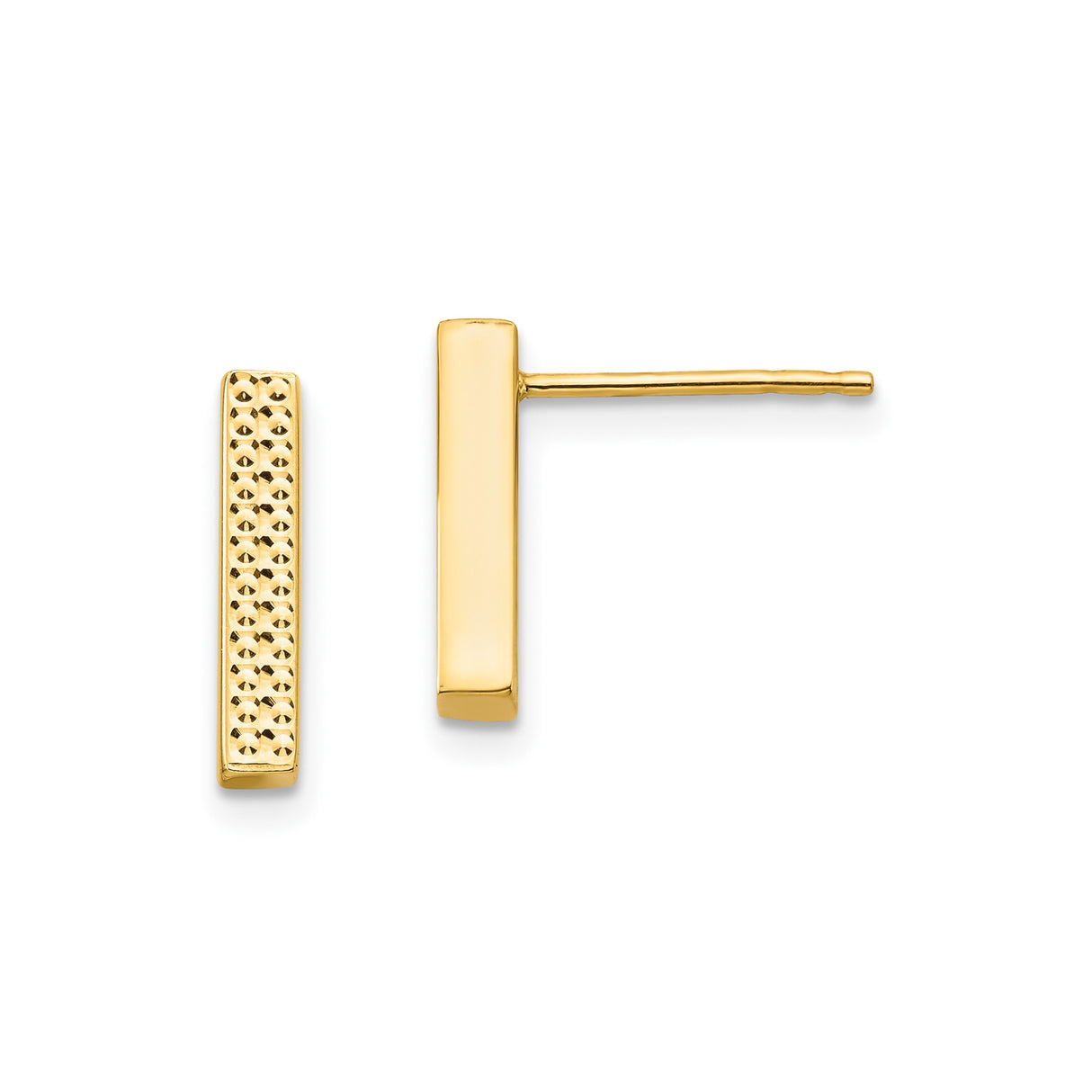 14k Yellow Gold Bar Stud Earrings, Textured Front, Minimalist Rectangle Design, Unisex Jewelry