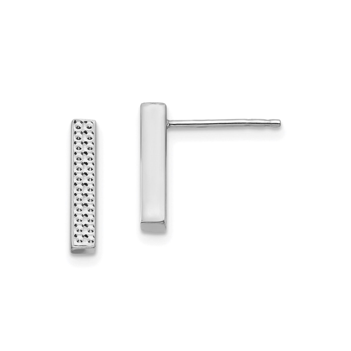 14k White Gold Bar Stud Earrings, Vertical Textured Design, Minimalist Polished Finish