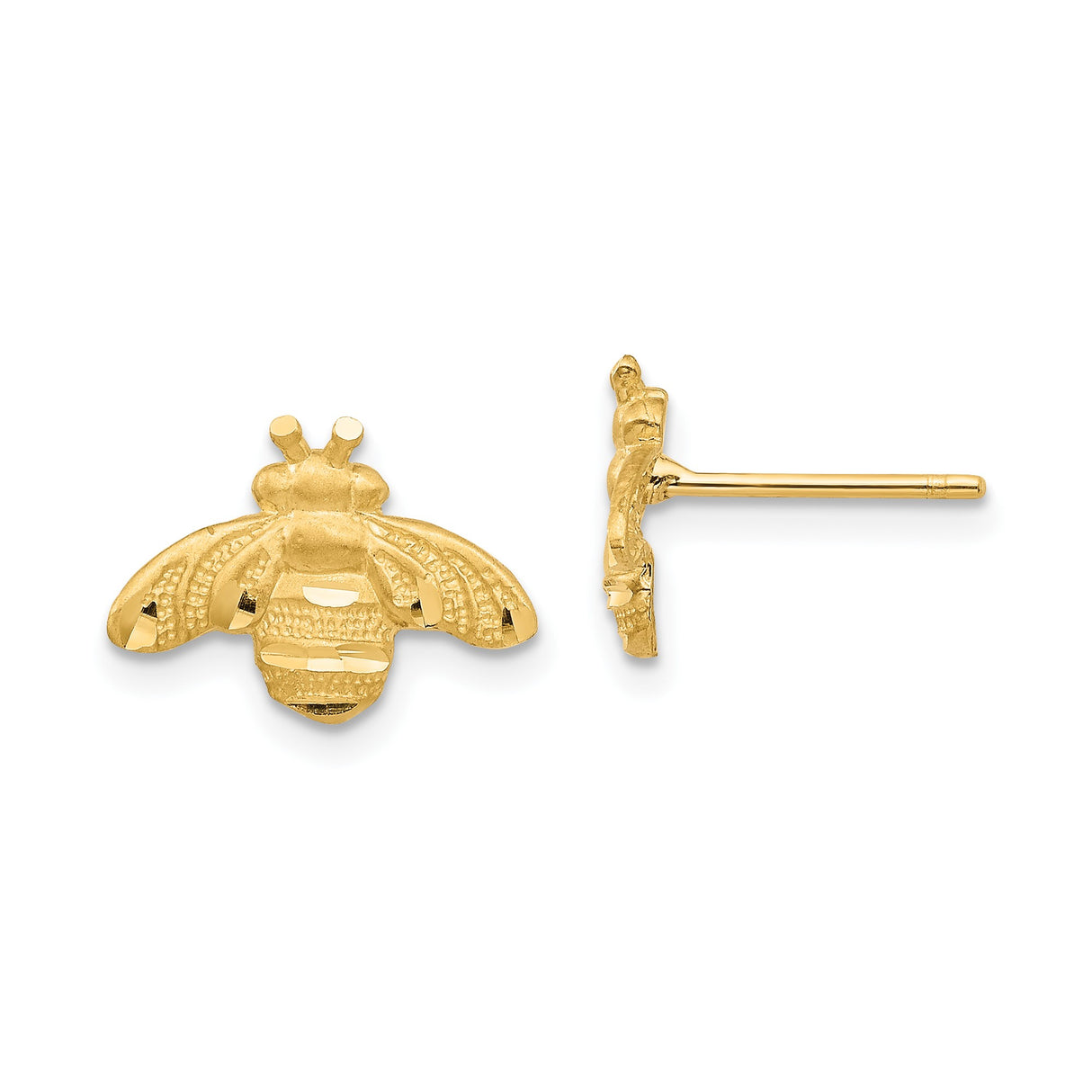 14k Yellow Gold Bee Stud Earrings, Detailed Insect Design, Minimalist Style for Women