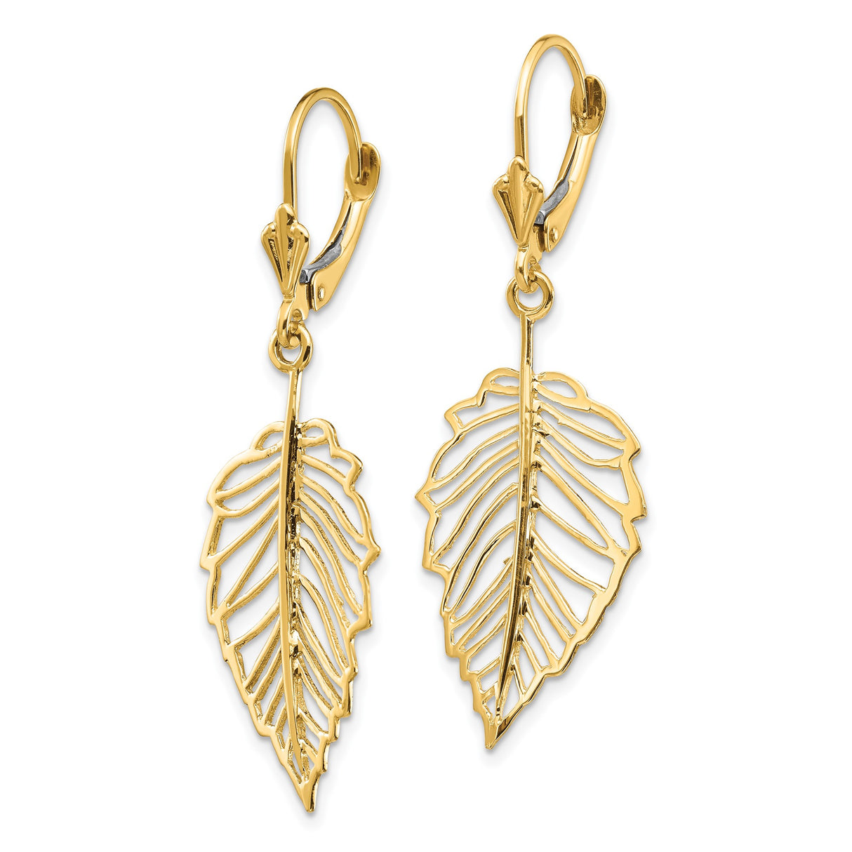 14k Yellow Gold Dangle Earrings with Openwork Leaf Design, Botanical Drop Leverback Style