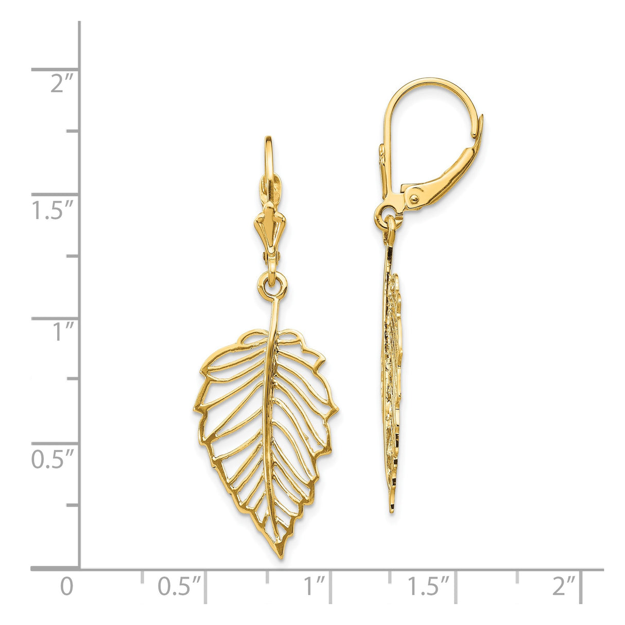 14k Yellow Gold Dangle Earrings with Openwork Leaf Design, Botanical Drop Leverback Style