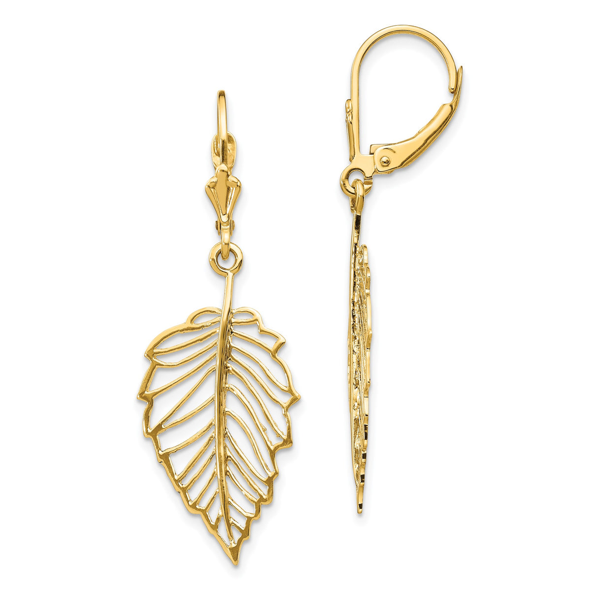 14k Yellow Gold Dangle Earrings with Openwork Leaf Design, Botanical Drop Leverback Style