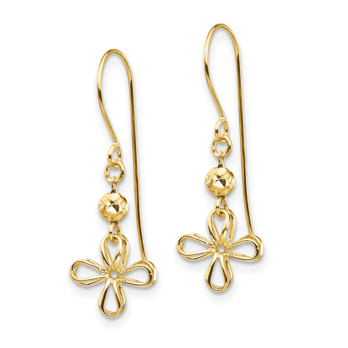 14k Yellow Gold Dangle Earrings with Open Loop Flower Design and Faceted Bead Detail