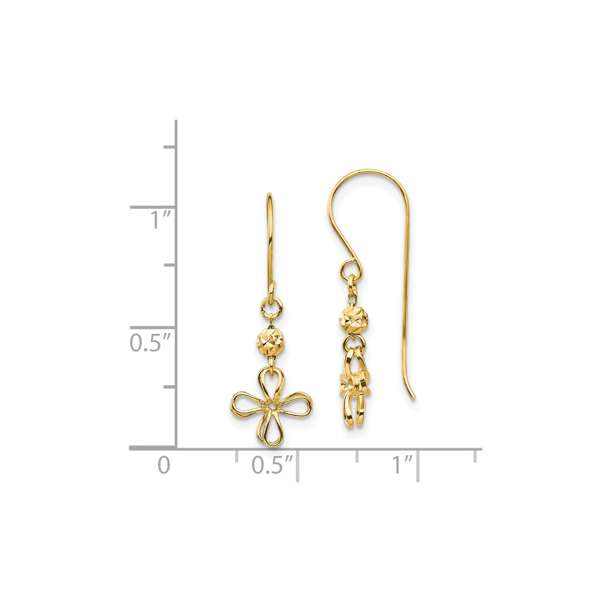 14k Yellow Gold Dangle Earrings with Open Loop Flower Design and Faceted Bead Detail