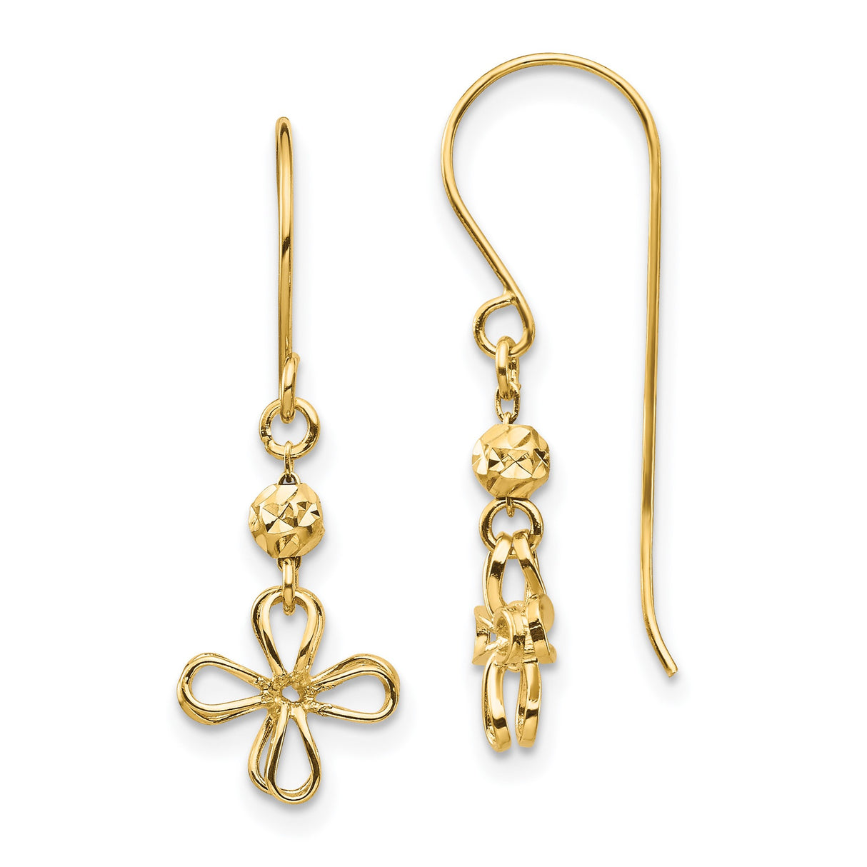 14k Yellow Gold Dangle Earrings with Open Loop Flower Design and Faceted Bead Detail
