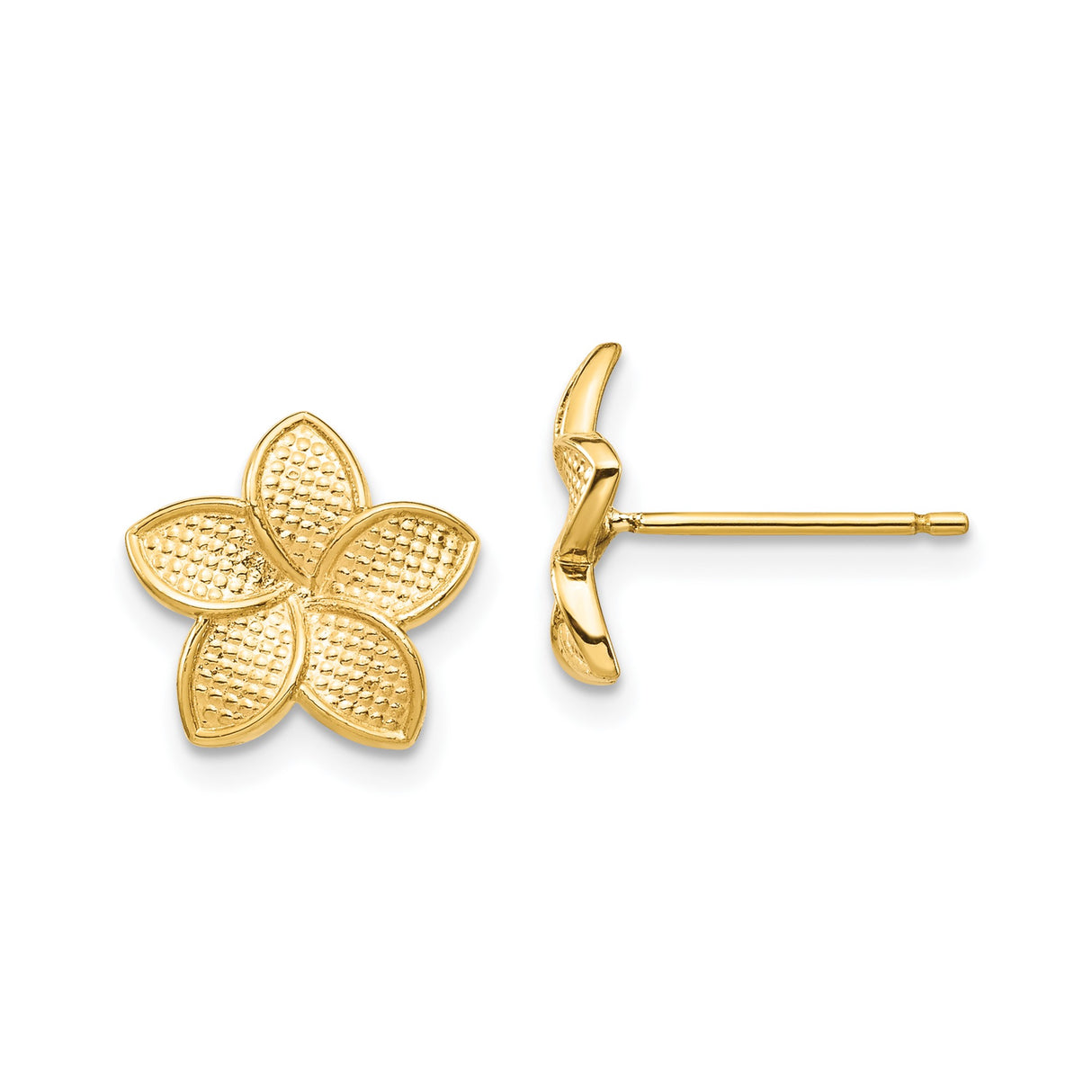 14k Yellow Gold Flower Stud Earrings with Textured Five Petal Floral Design