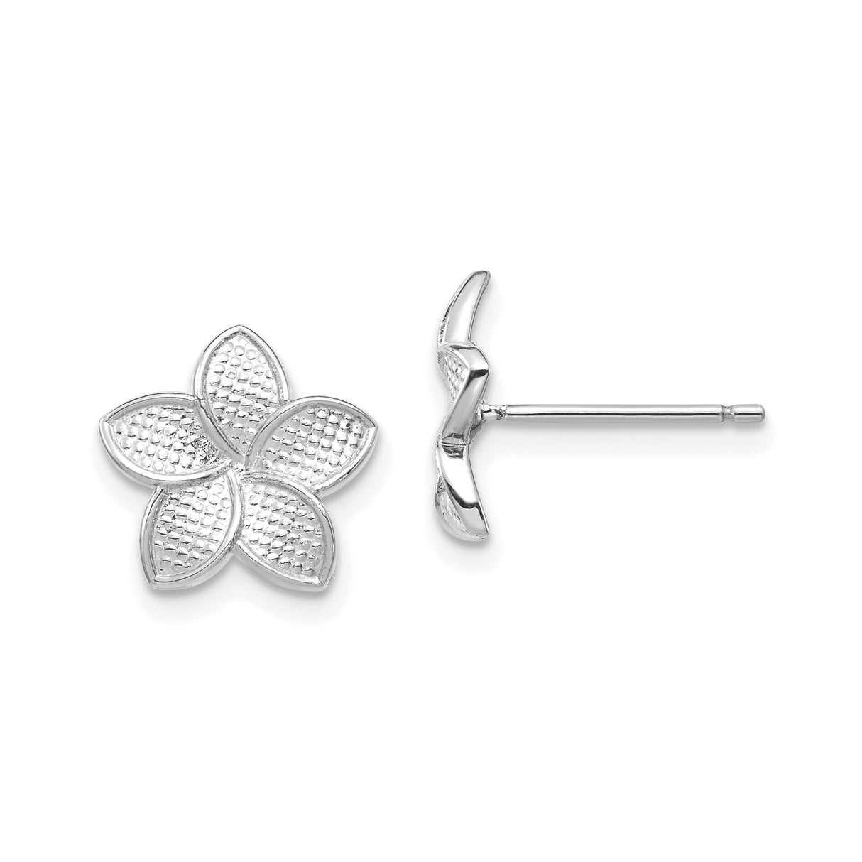 14k White Gold Flower Stud Earrings with Five-Petal Design and Textured Detailing