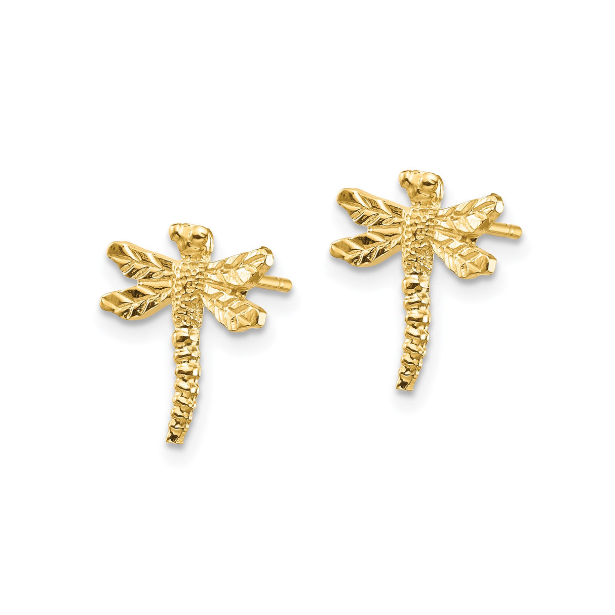 14k Yellow Gold Dragonfly Stud Earrings with Detailed Wings and Textured Body