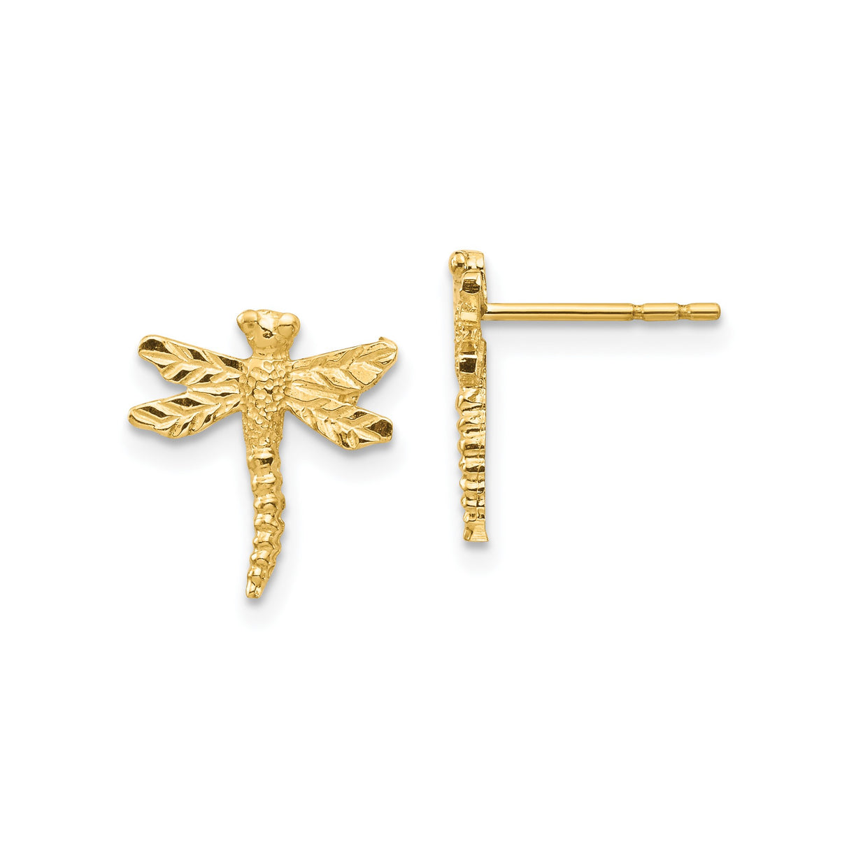 14k Yellow Gold Dragonfly Stud Earrings with Detailed Wings and Textured Body