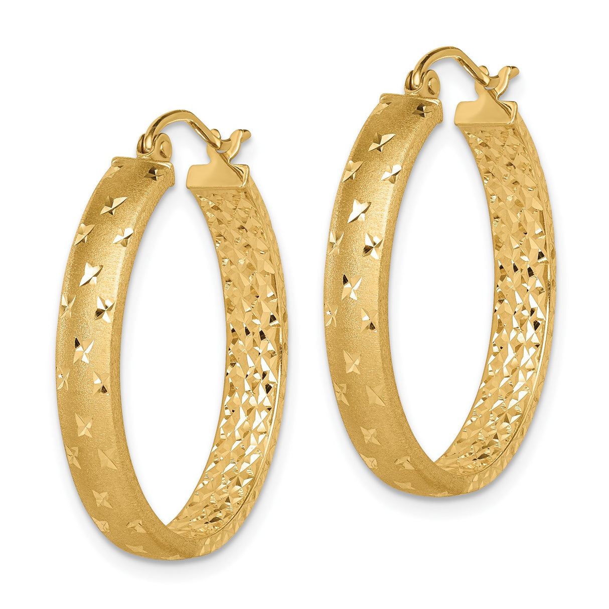 14k Yellow Gold Hoop Earrings with Diamond Cut Star Pattern, Textured Lightweight Design for Women