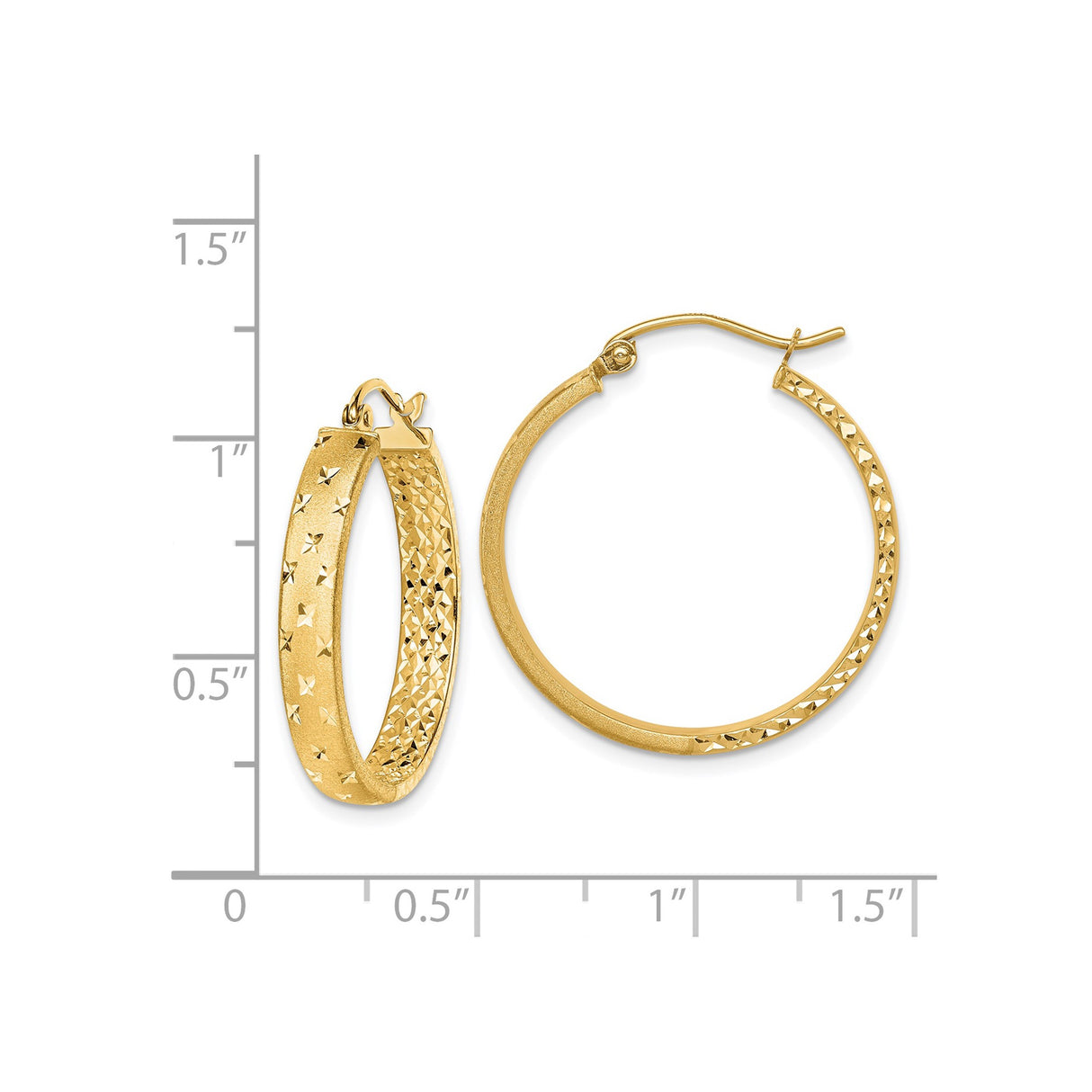 14k Yellow Gold Hoop Earrings with Diamond Cut Star Pattern, Textured Lightweight Design for Women