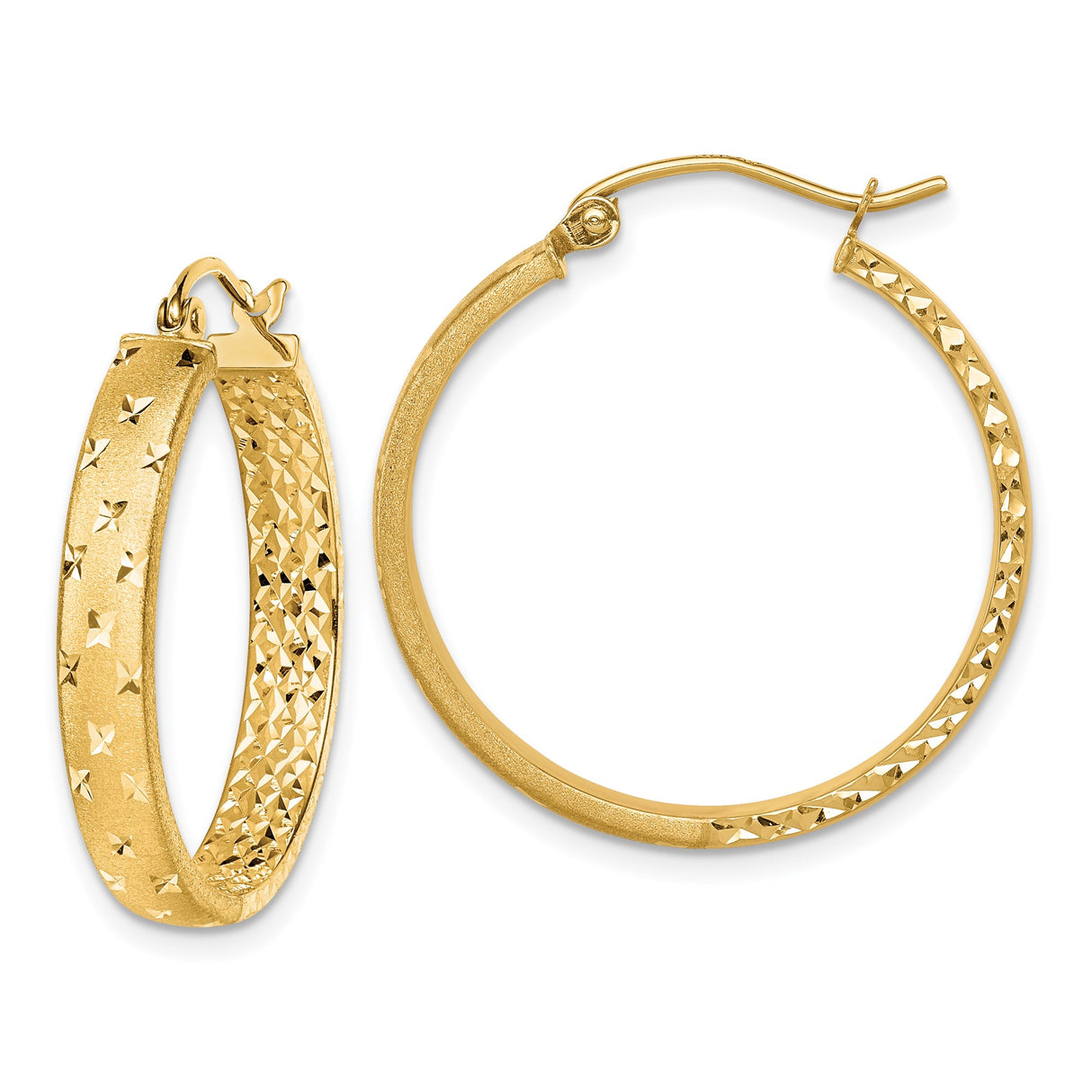 14k Yellow Gold Hoop Earrings with Diamond Cut Star Pattern, Textured Lightweight Design for Women