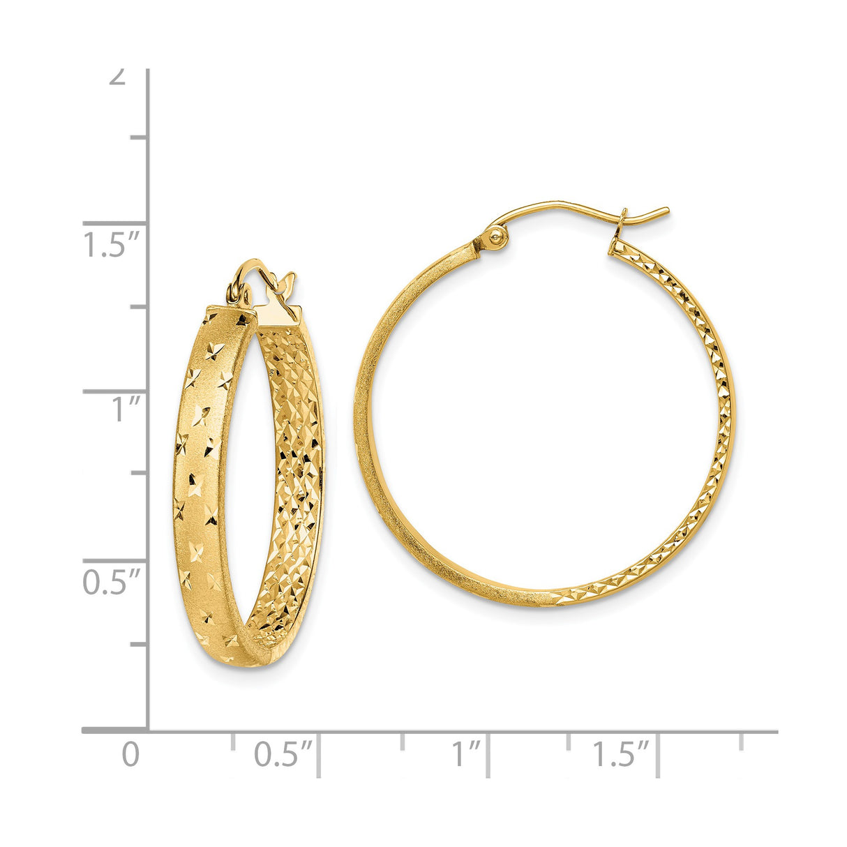 14k Yellow Gold Hoop Earrings with Textured Diamond Cut Design and High Polish Finish