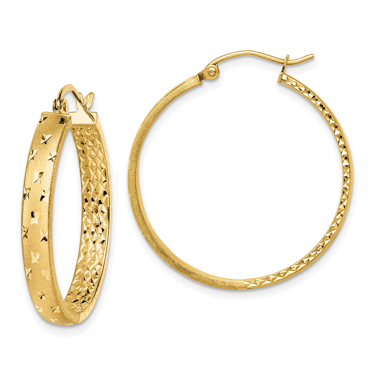 14k Yellow Gold Hoop Earrings with Textured Diamond Cut Design and High Polish Finish