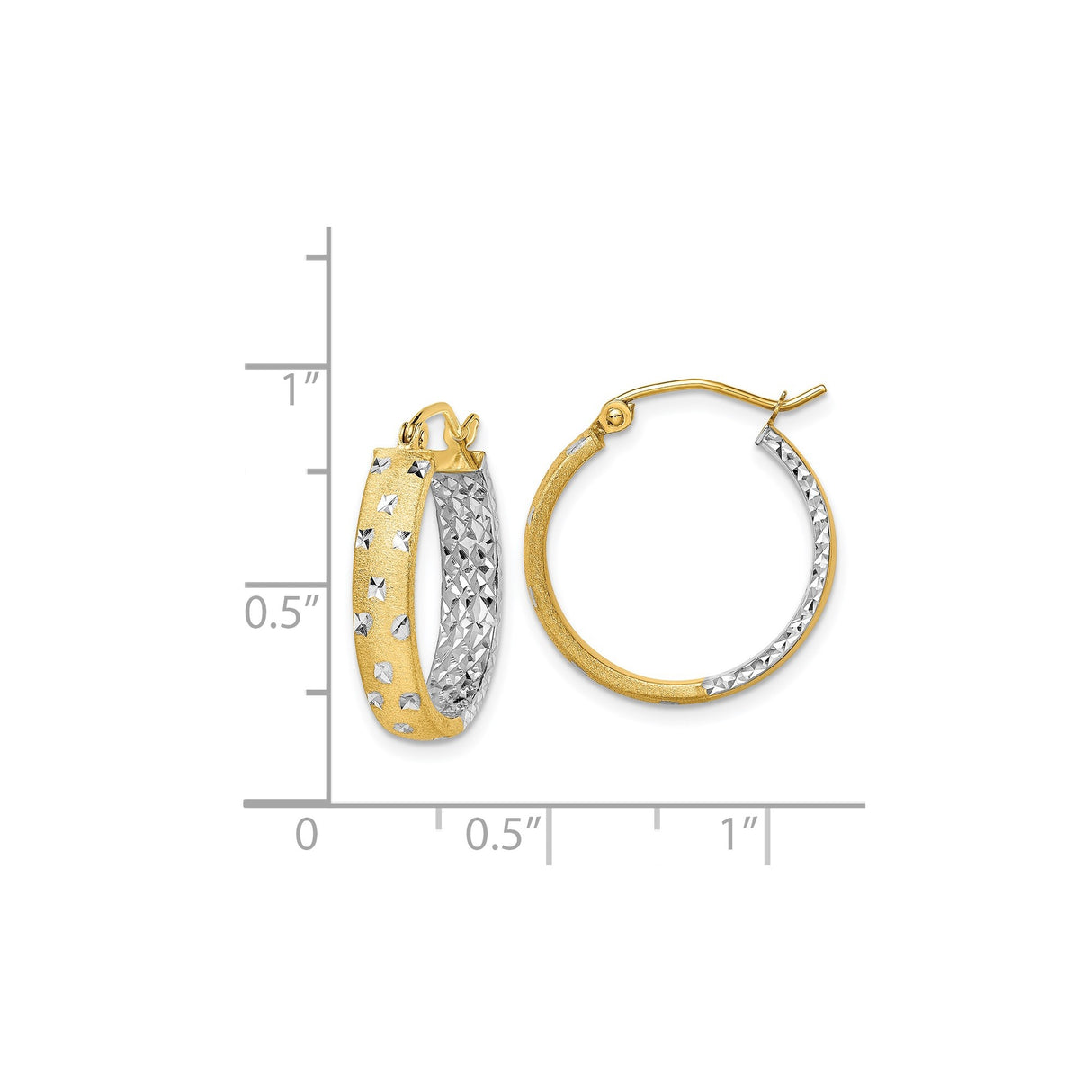 14k Yellow Gold Hoop Earrings, Two-Tone Textured Diamond-Cut Design, Polished Satin Finish