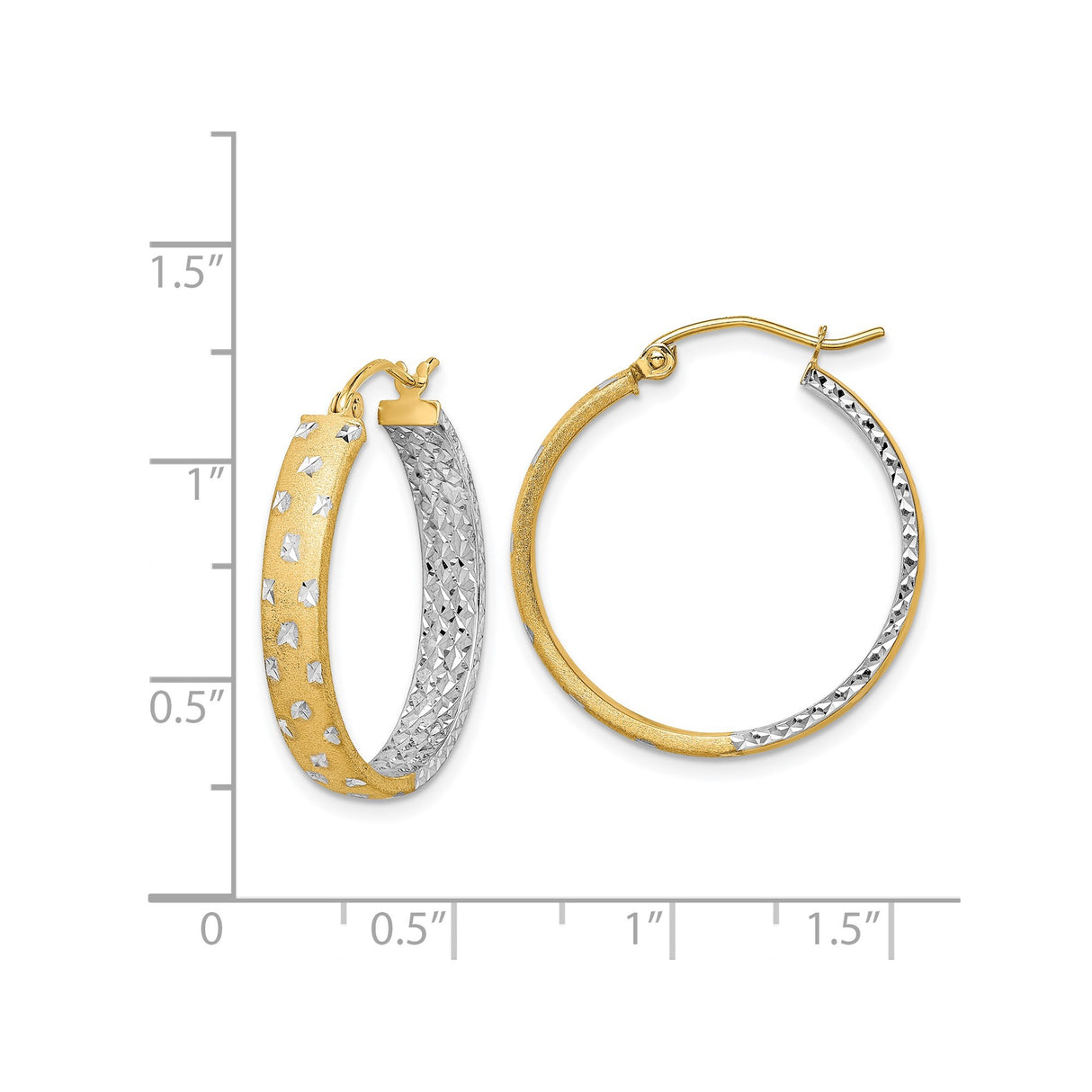 14k Yellow Gold Two-Tone Hoop Earrings, Diamond-Cut Textured Round Design for Women
