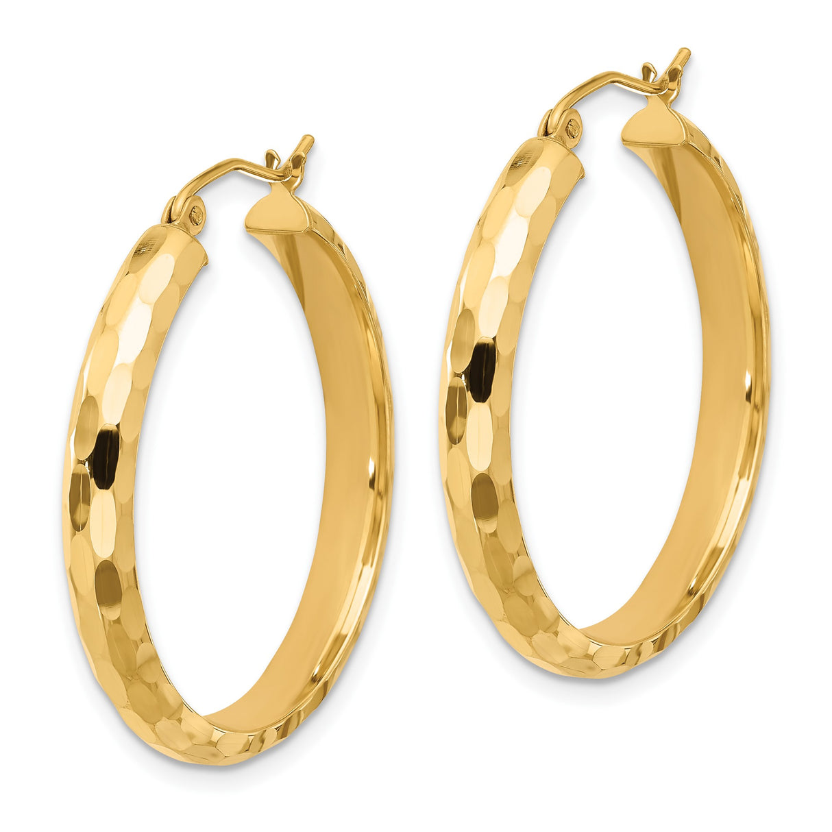 14k Yellow Gold Hoop Earrings, Hammered Textured Finish, Lightweight Classic Design for Women
