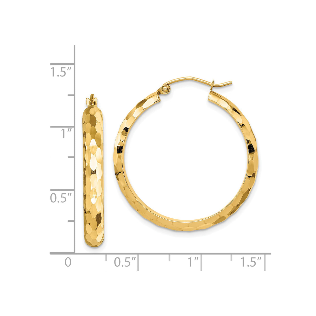 14k Yellow Gold Hoop Earrings, Hammered Textured Finish, Lightweight Classic Design for Women