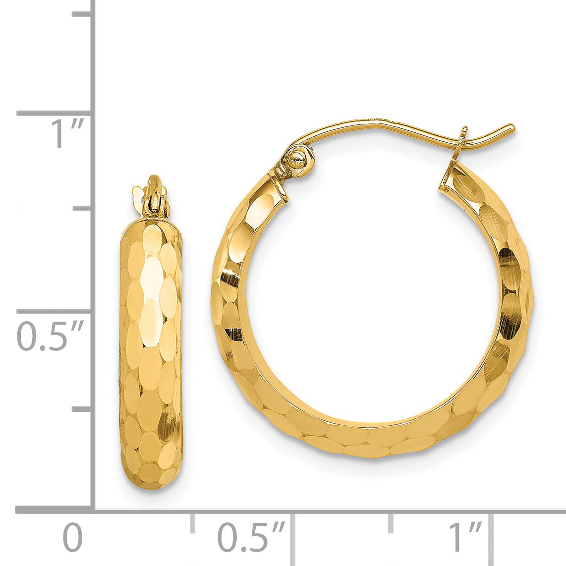 14k Yellow Gold Hoop Earrings, Hammered Finish, Classic Lightweight Round Style for Women