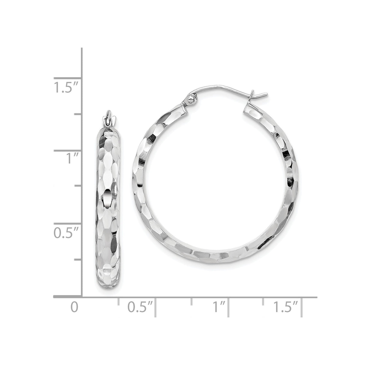 14k White Gold Hoop Earrings, Hammered Textured Round Design, Lightweight Modern Style for Women