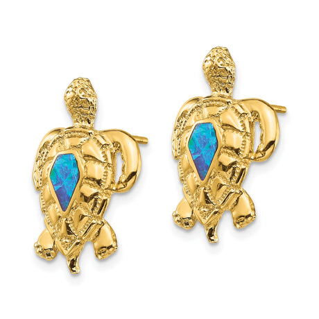 14k Yellow Gold Sea Turtle Stud Earrings with Vibrant Opal Inlay